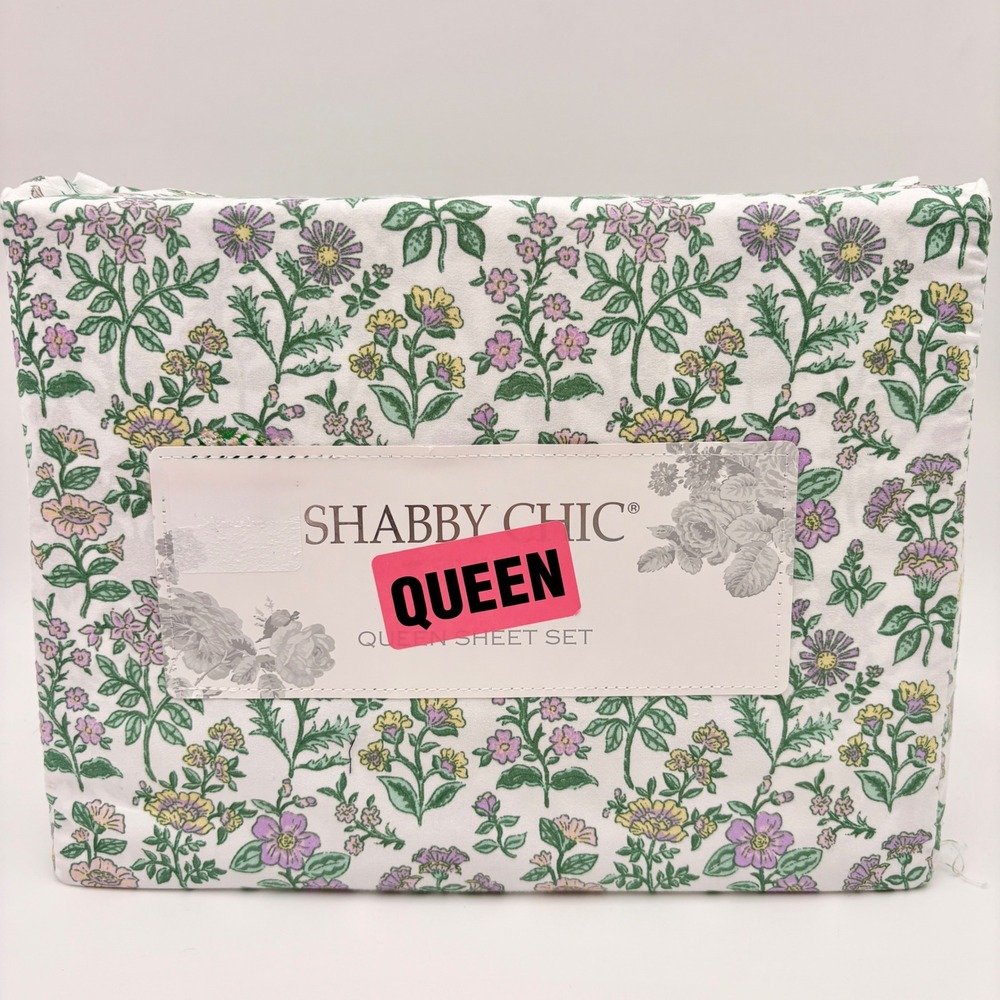 Shabby Chic Queen Sheet Set 4pc Floral Botanical Microfiber Purple Green White